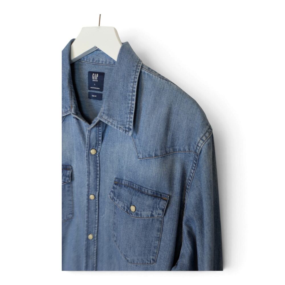 GAP DENIM Pearl Snap New Western Style Slim Fit Denim Shirt Authentic Indigo - L - Picture 2 of 8